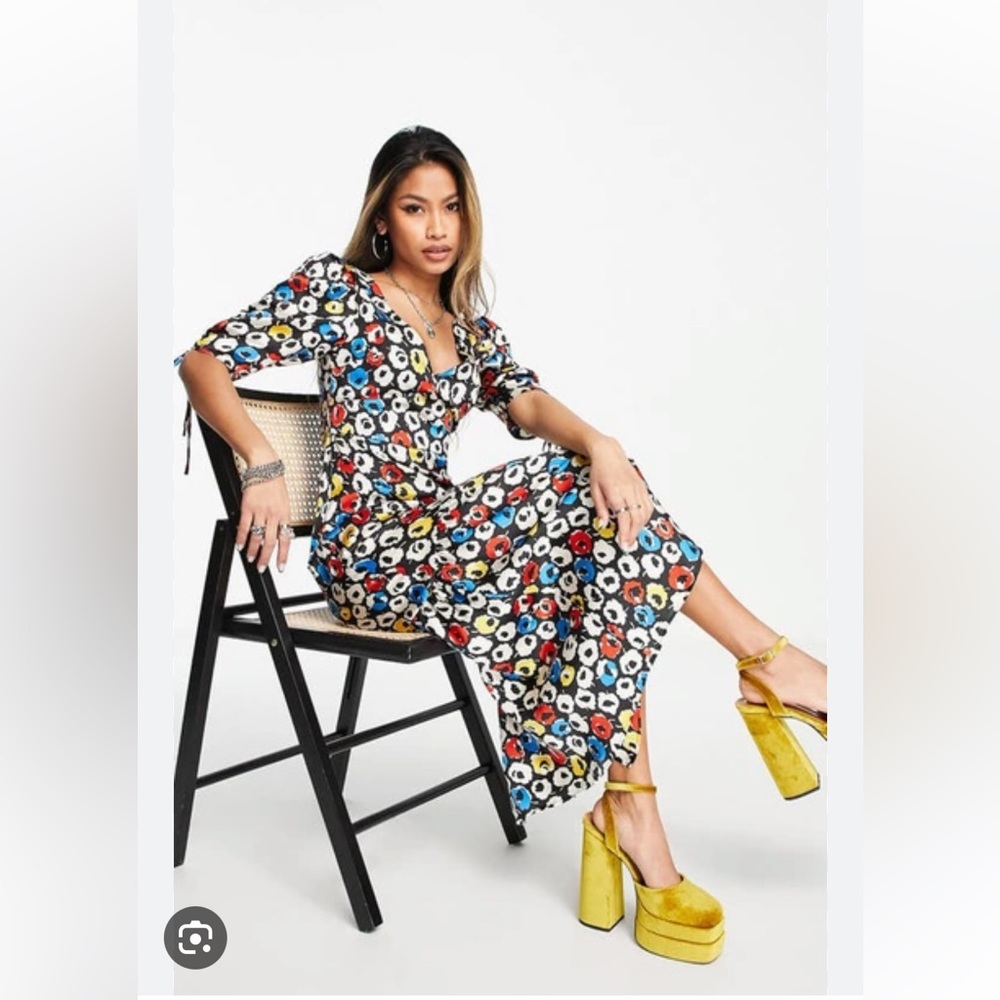 Topshop retro primary floral tiered midi dress